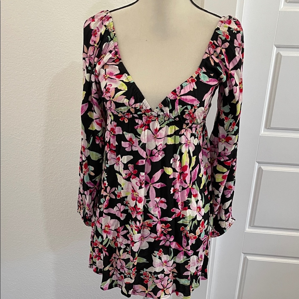 Roxy Black Mini Dress with Pink & Green Floral Print